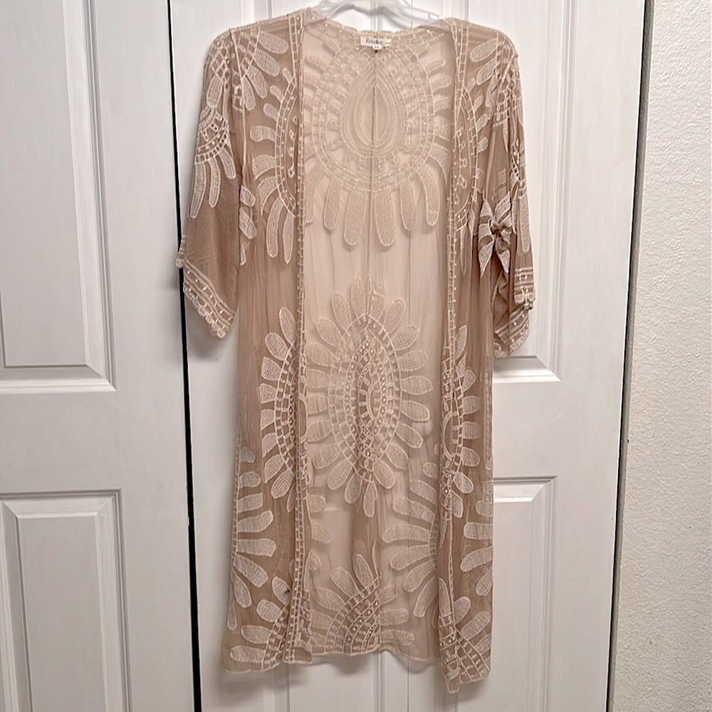 Rebellion Large Sheer Beige Lace Caftan Coverup Embroidery Long Size M